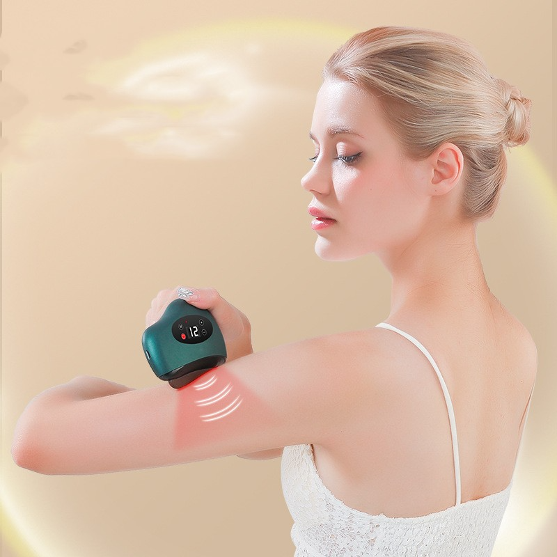 Stone gua sha scraping device in use on legs